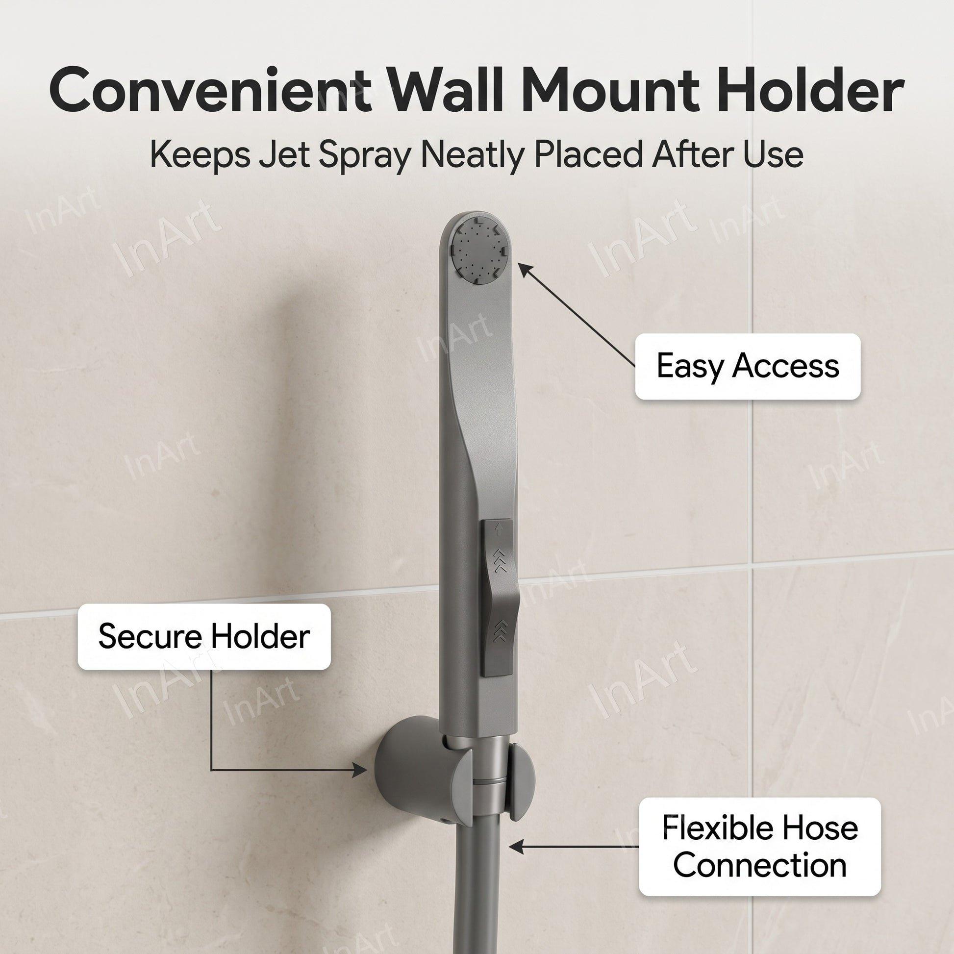 Bathroom toilet jet spray set showing gun, hose and wall hook components