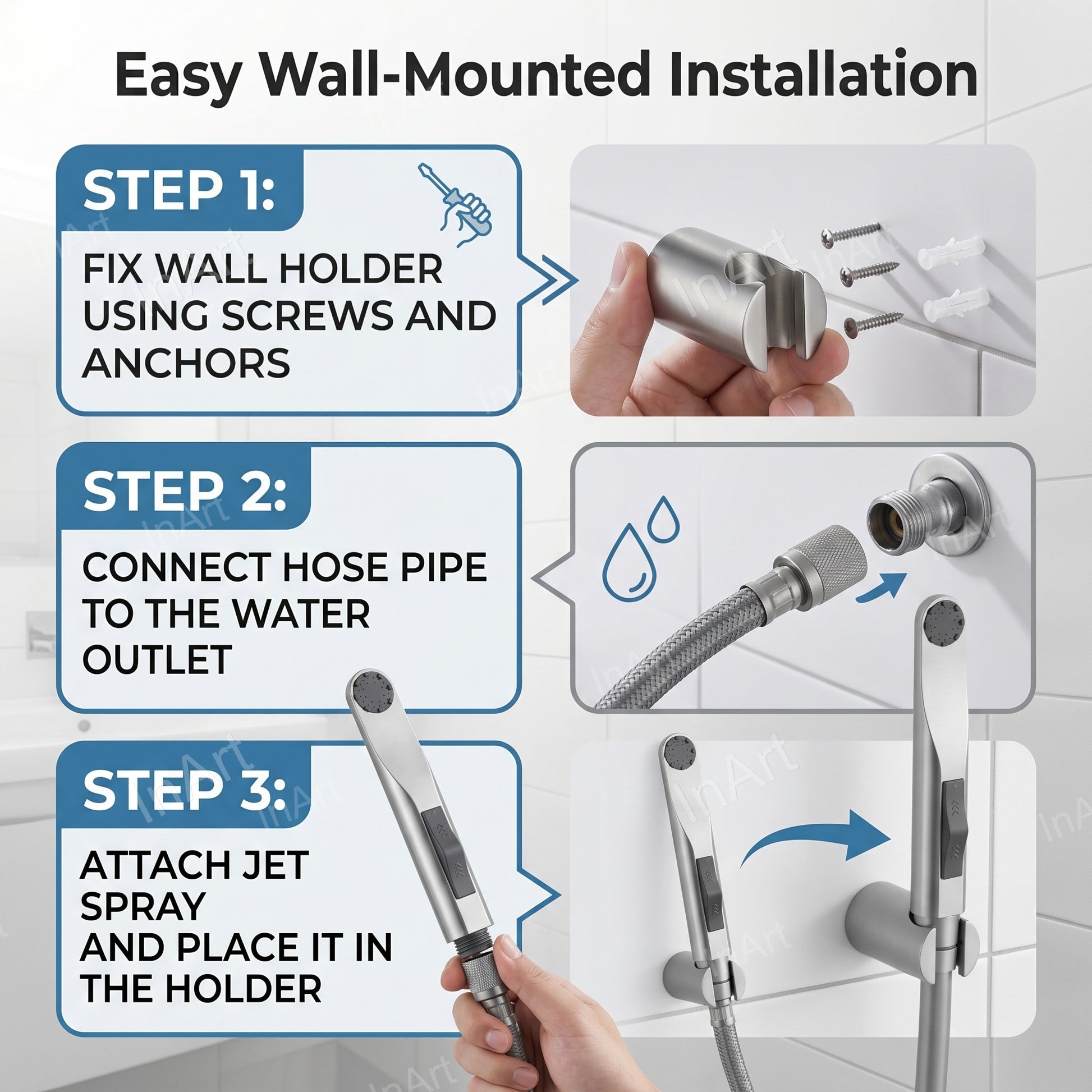 Complete jet spray for washroom set showing gun, hose and wall hook