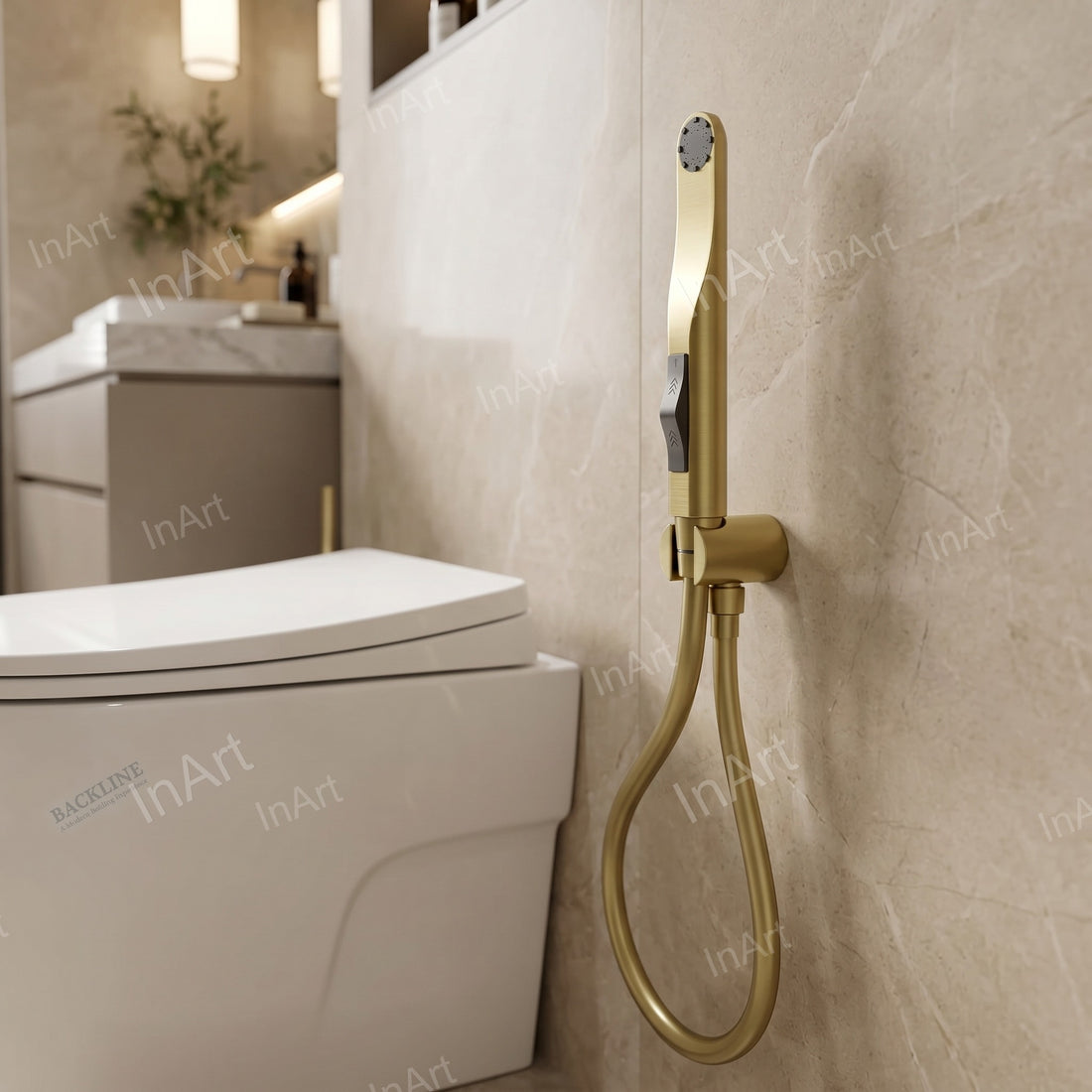 Water saving jet spray for washroom use with brushed gold look