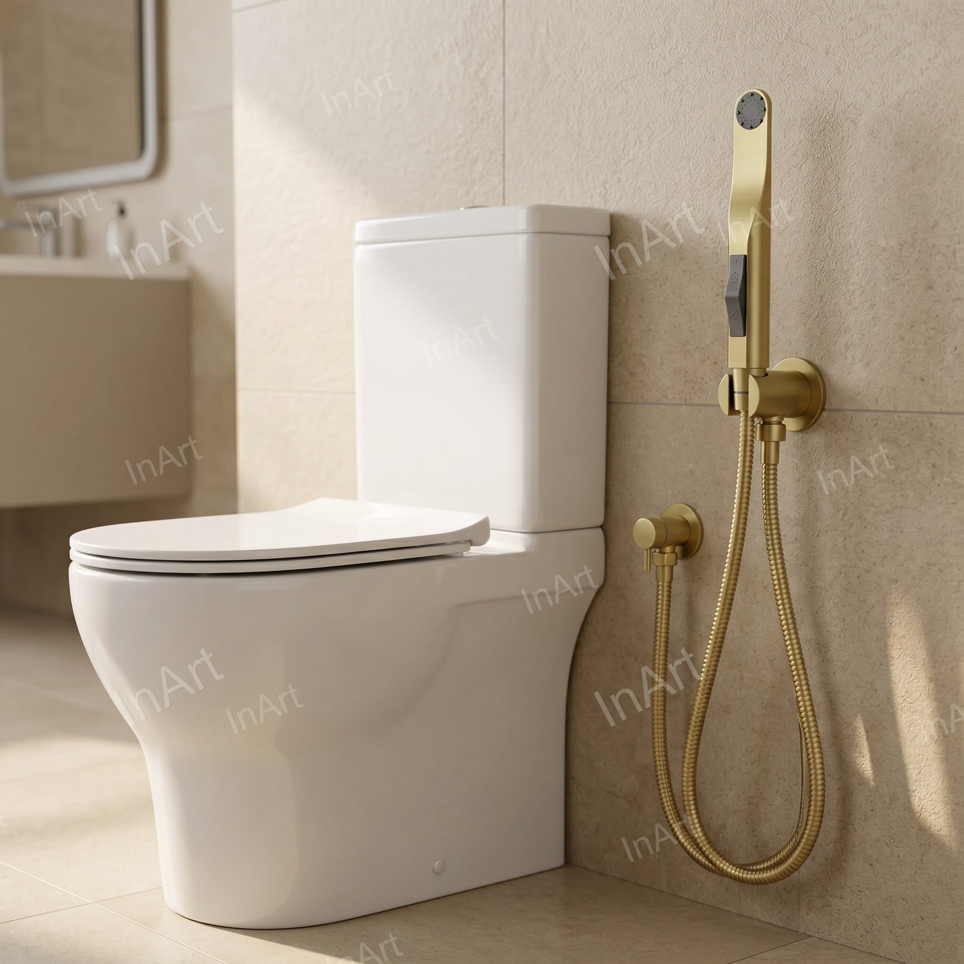 Bathroom toilet spray gun set showing hose connection and holder