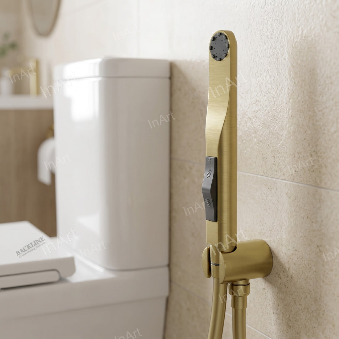 Water saving jet spray for washroom use with brushed gold look