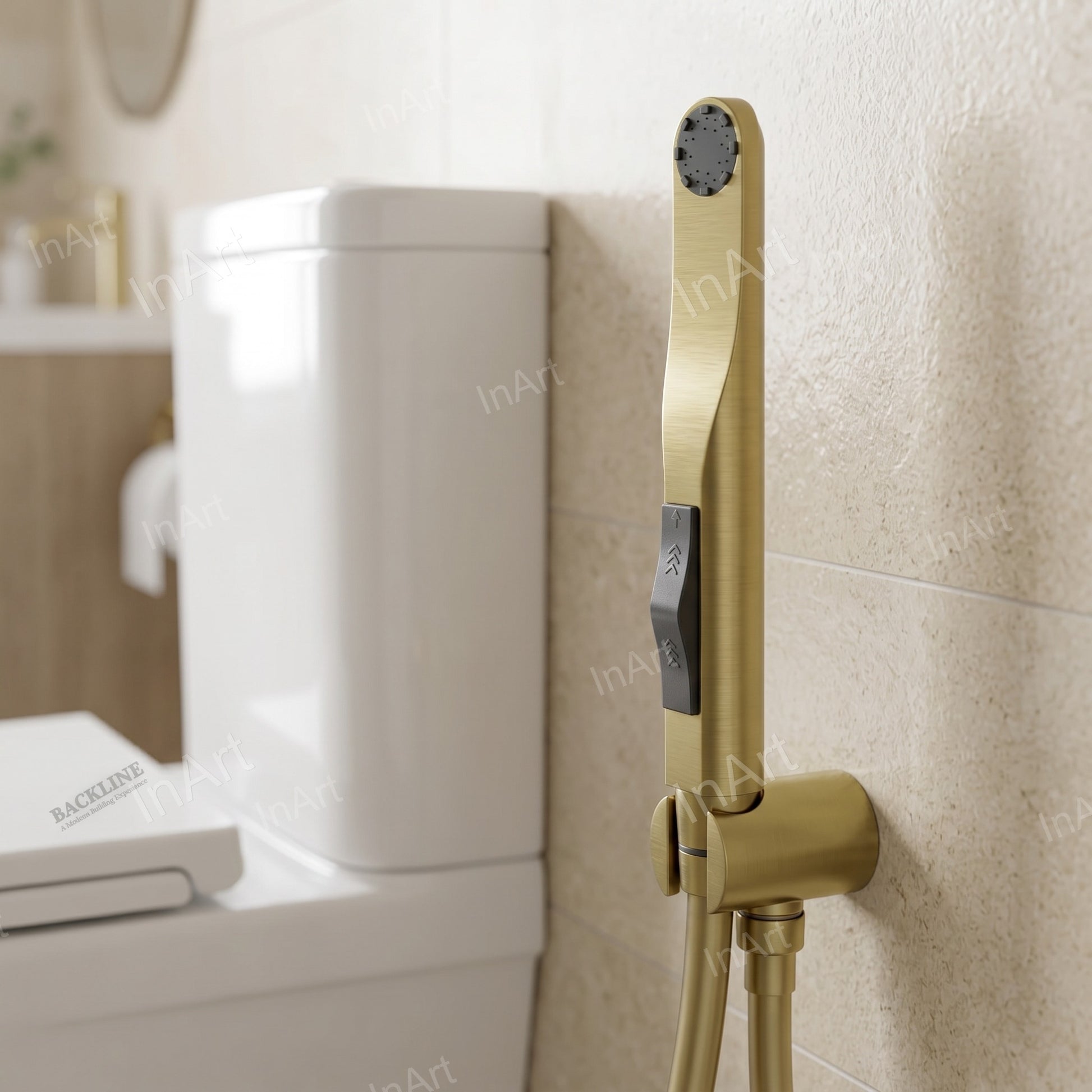 Water saving jet spray for washroom use with brushed gold look