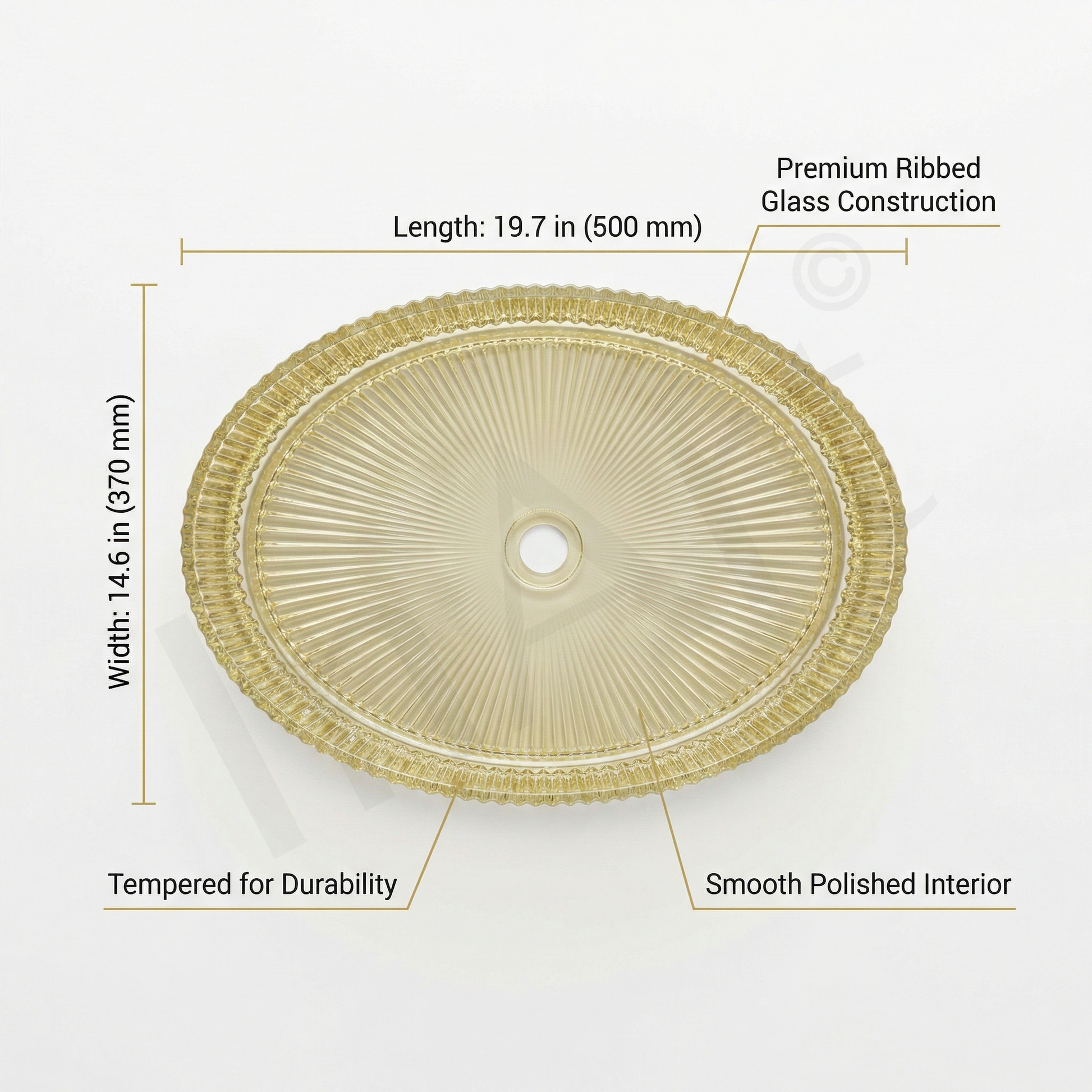 Close-up of luxury gold glass countertop wash basin showing premium finish and oval design details