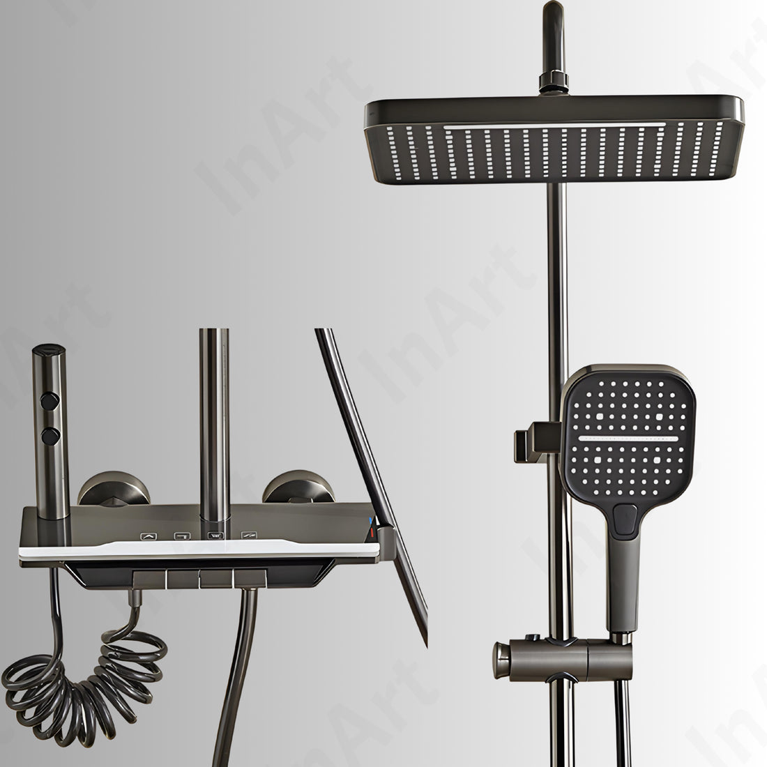 InArt black brass thermostatic shower panel set with digital display and fluted design - full front view
