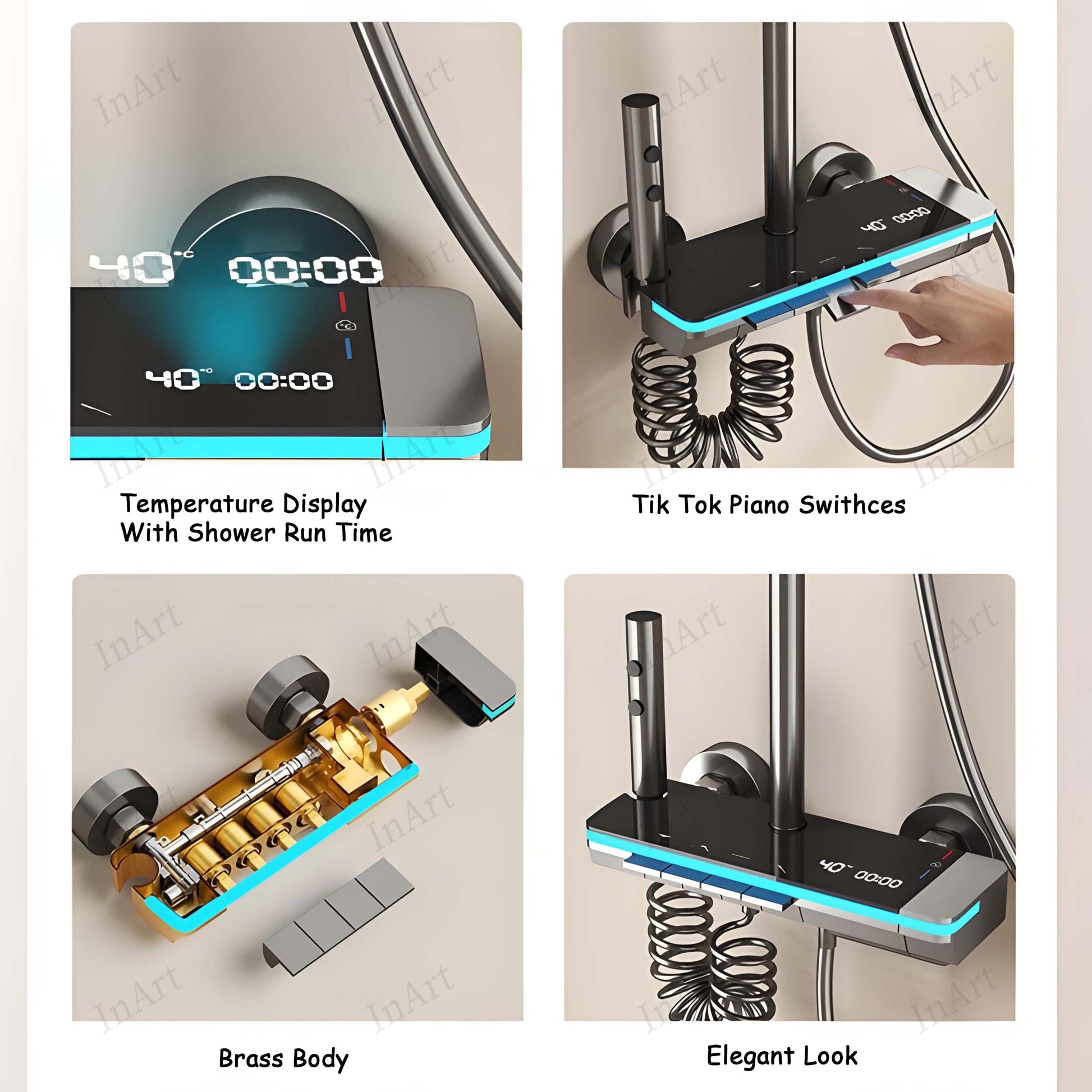 InArt Thermostatic Shower Set, Stainless Steel Brass, Gun Grey