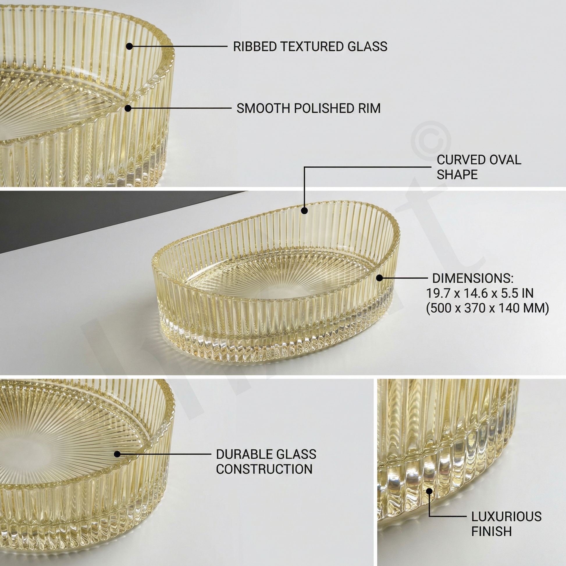 InArt luxury gold glass countertop wash basin shown from alternate angle, oval shaped bathroom basin