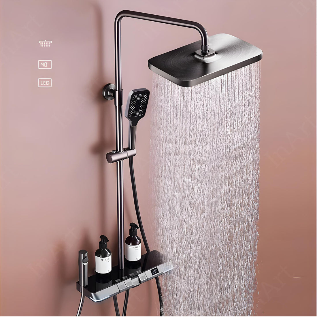 InArt black rainfall shower panel faucet set - full front view with overhead spray and hand shower controls
