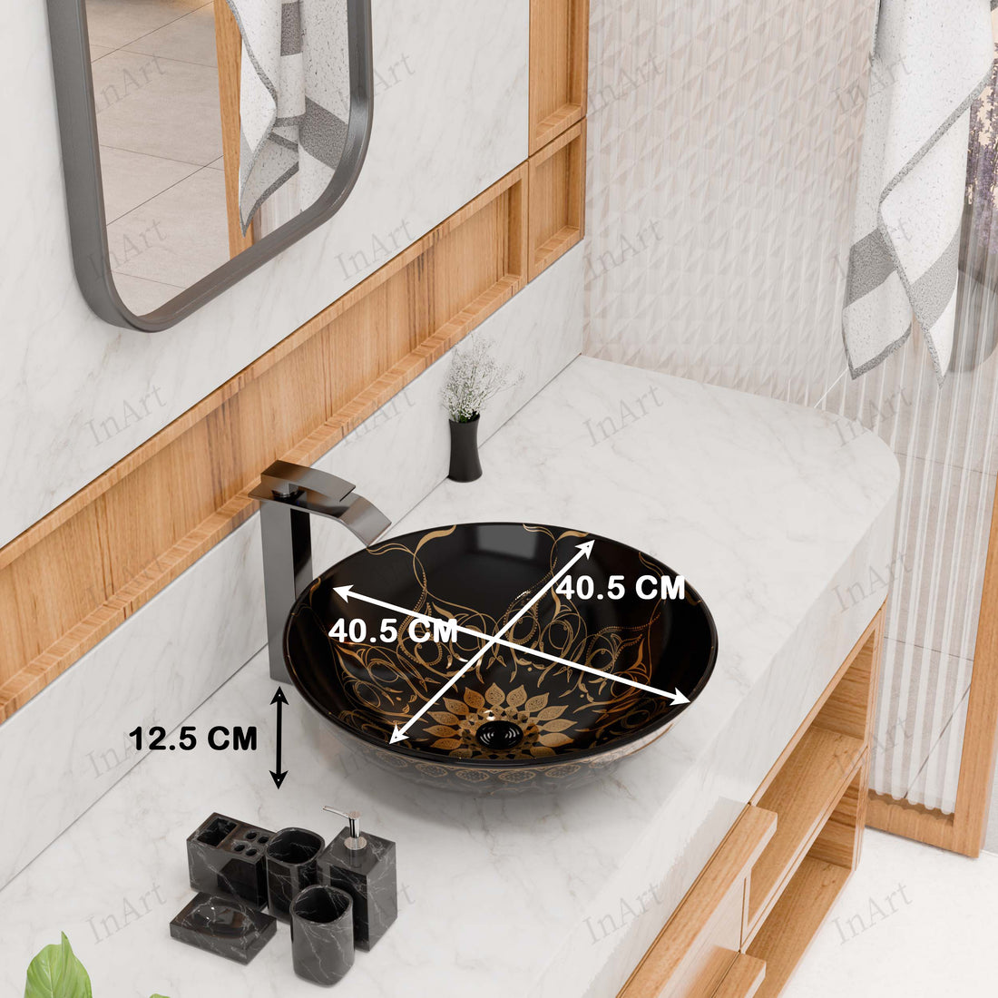 InArt Modern Table Top Wash Basin 40 x 40 CM Black Gold Design DW208