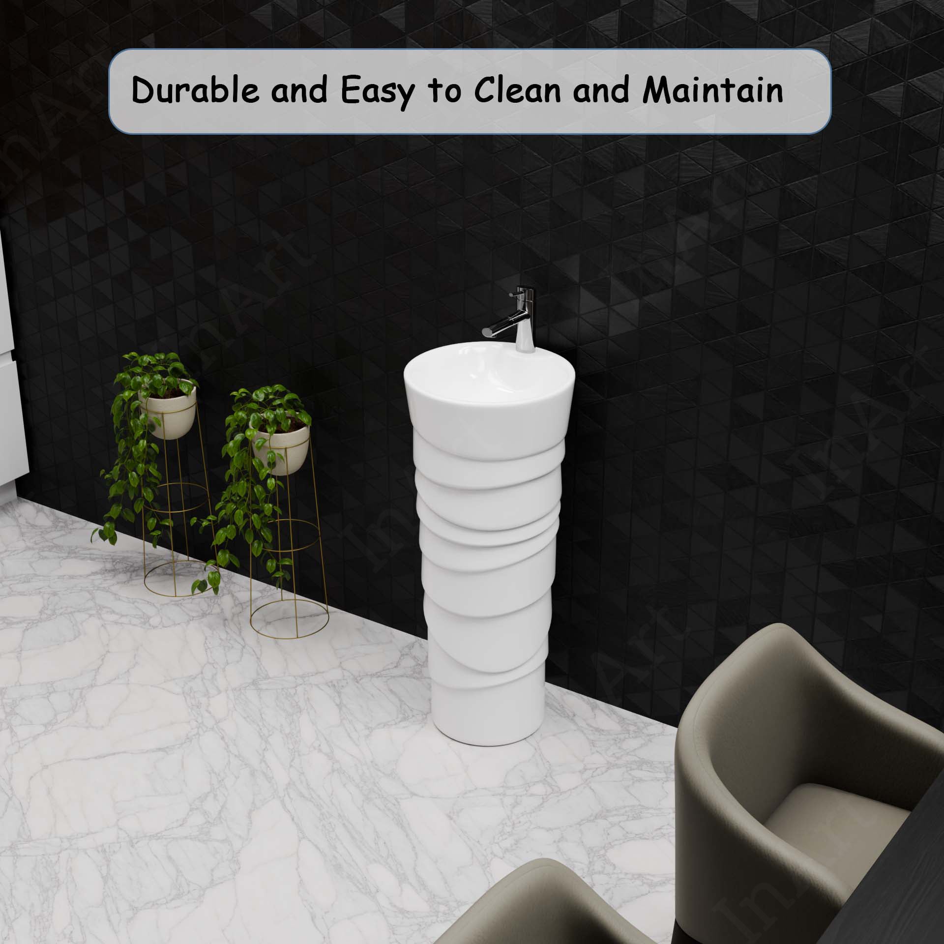 InArt One Piece Ceramic Pedestal Round Wash Basin | Modern Freestandin ...