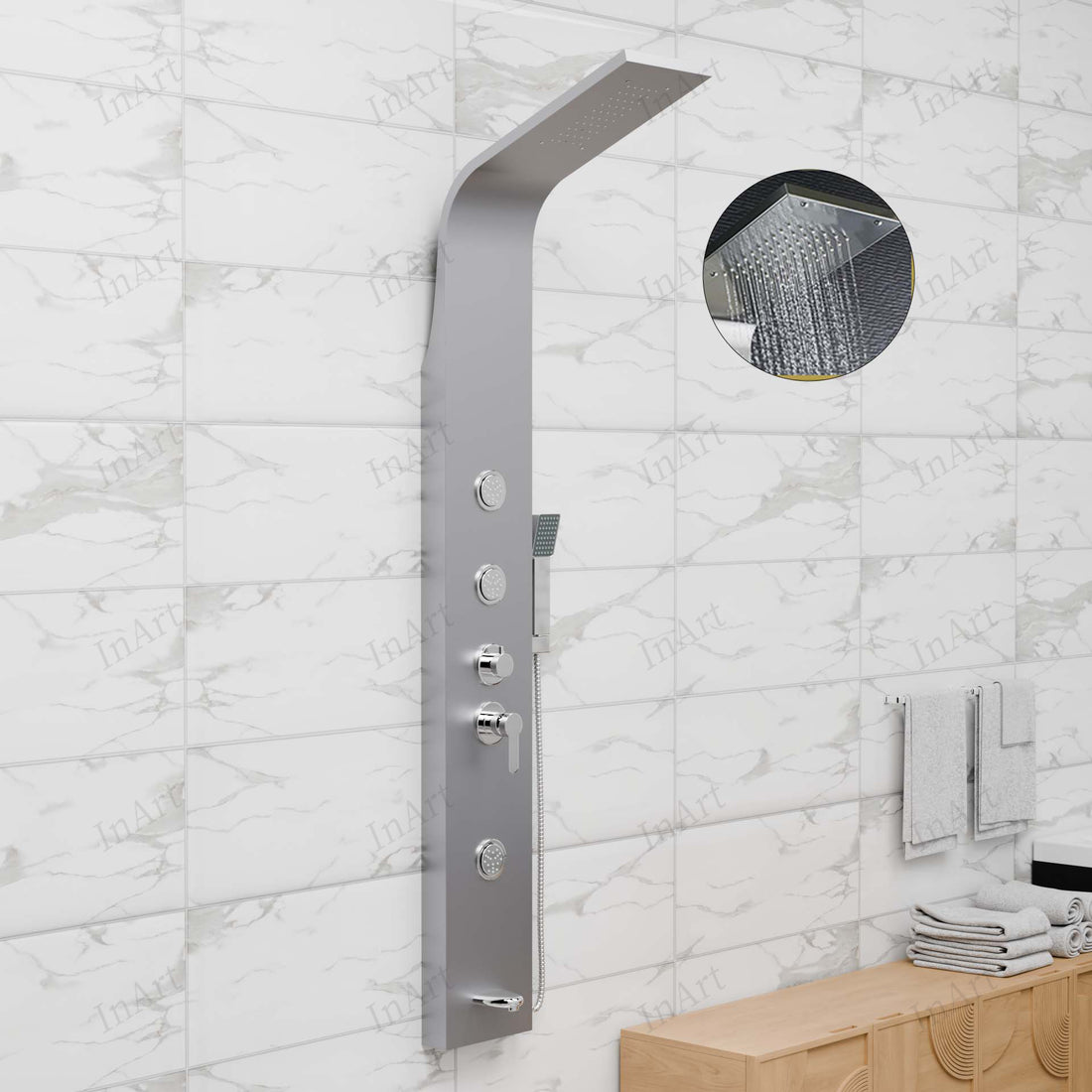 InArt Stainless Steel Shower Panel with Rainfall Shower Head, Body Nozzles, Handheld Shower, 3 Body Jets, Tub Spout, Adjustable Hot & Cold Control, Brushed Chrome SP040