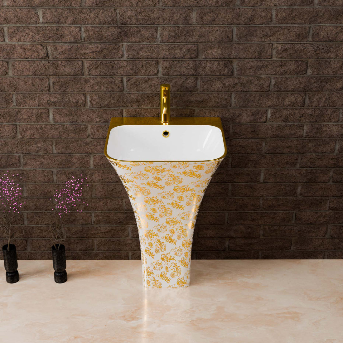 InArt Ceramic One Piece Pedestal Wash Basin Free Standing Size 18" x 17" x 5.5" Inch Square White Gold Color PW003