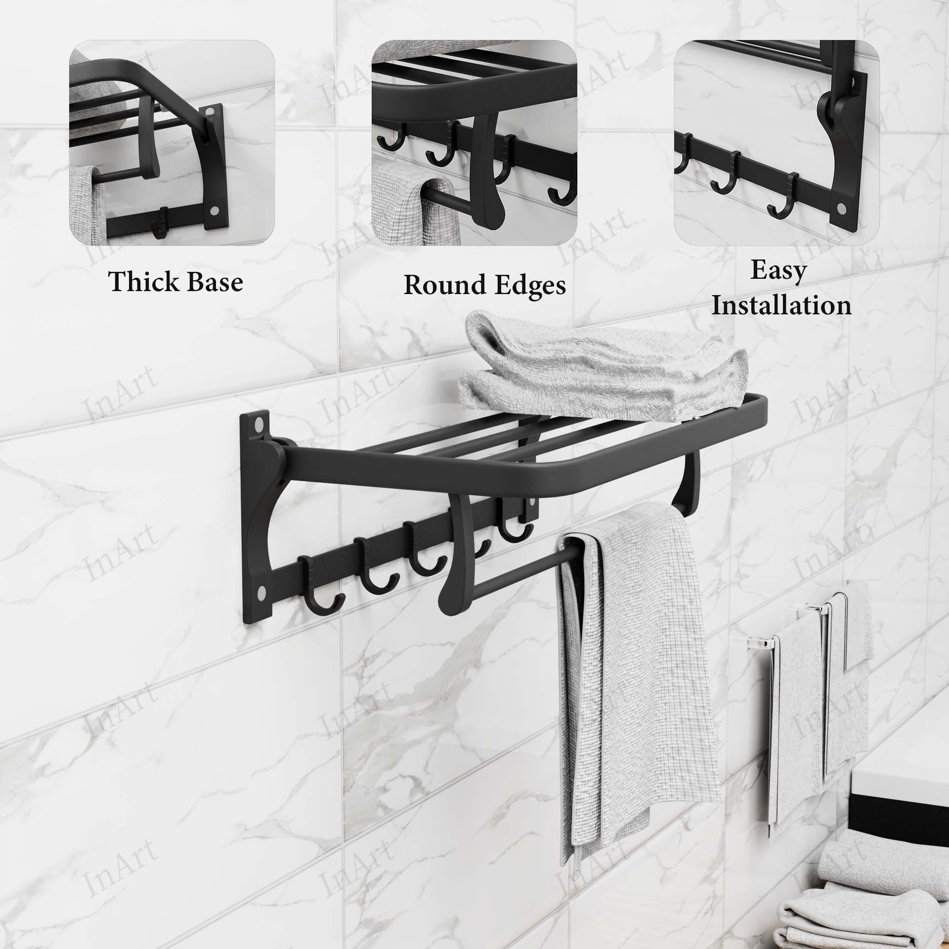 InArt grey 24-inch foldable wall-mounted towel rack - detailed assembly components and connection hardware view