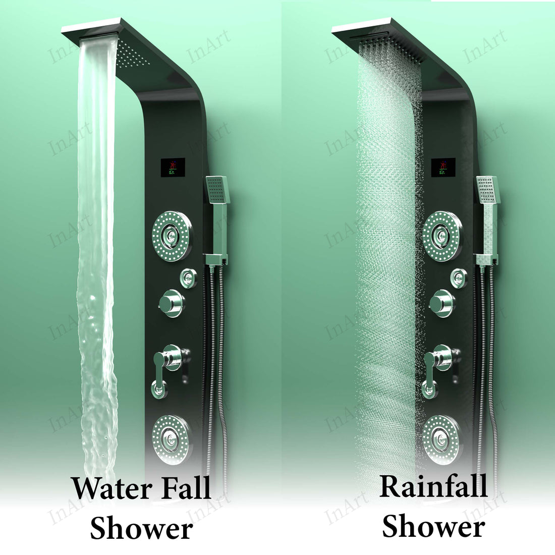 InArt black stainless steel LED rainfall waterfall shower panel with massage system main product view