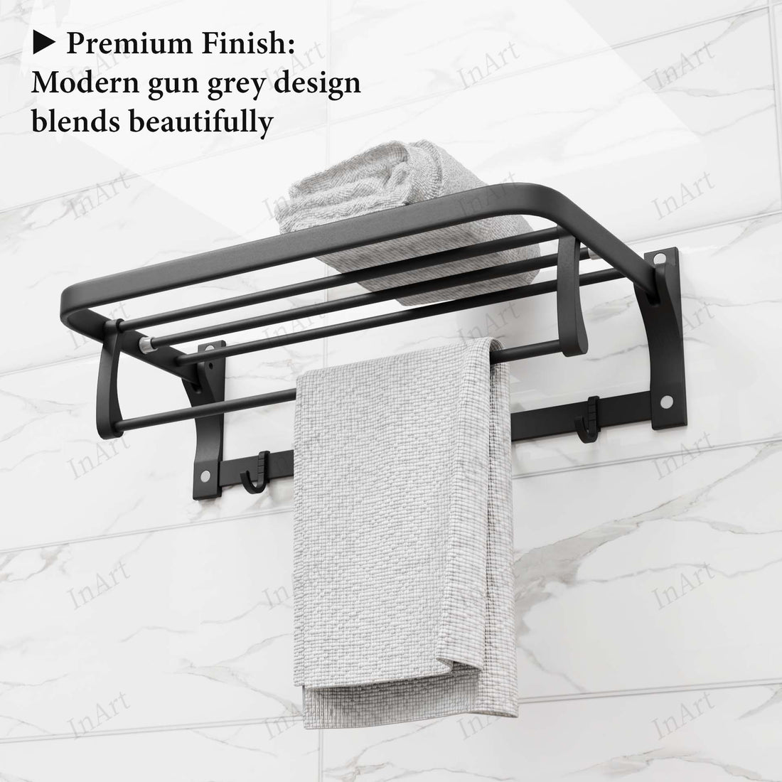 InArt 24-Inch Foldable Wall-Mounted Towel Rack with Shelf, Dual Rod & 5 Hooks | Heavy-Duty Aluminum Bathroom Organizer in Matte Gun Grey
