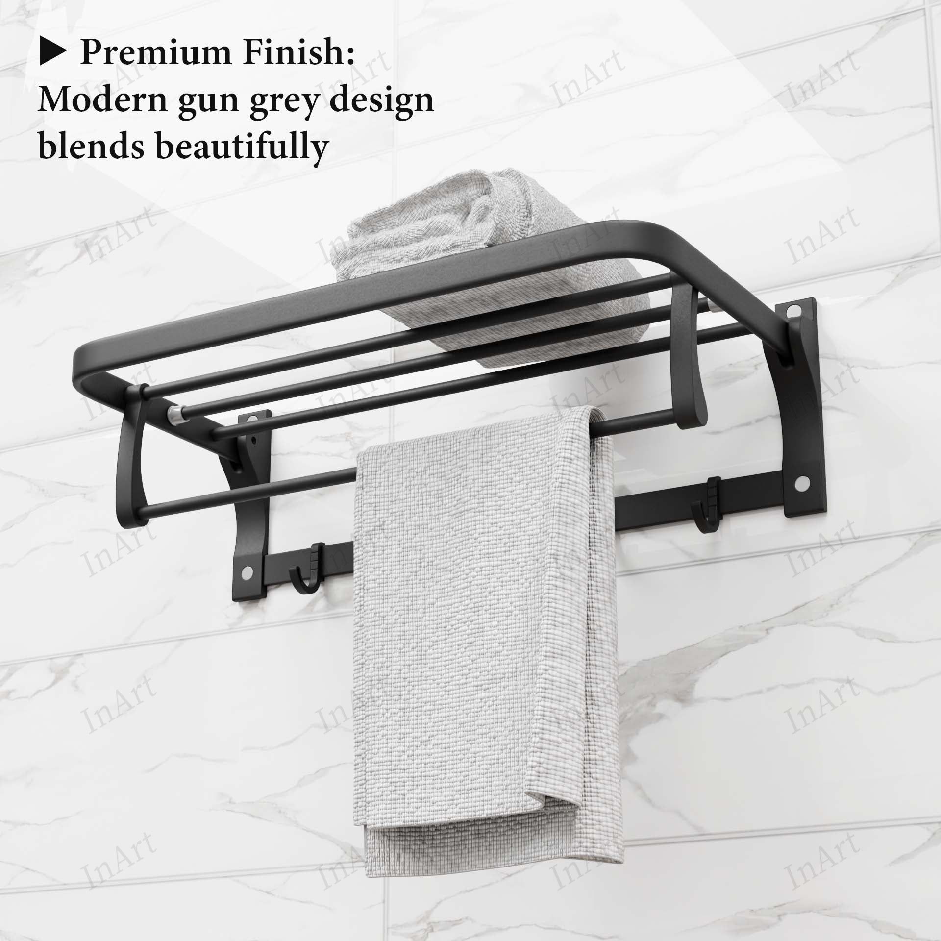 InArt grey 24-inch foldable wall-mounted towel rack - close-up of shelf and rod mounting detail