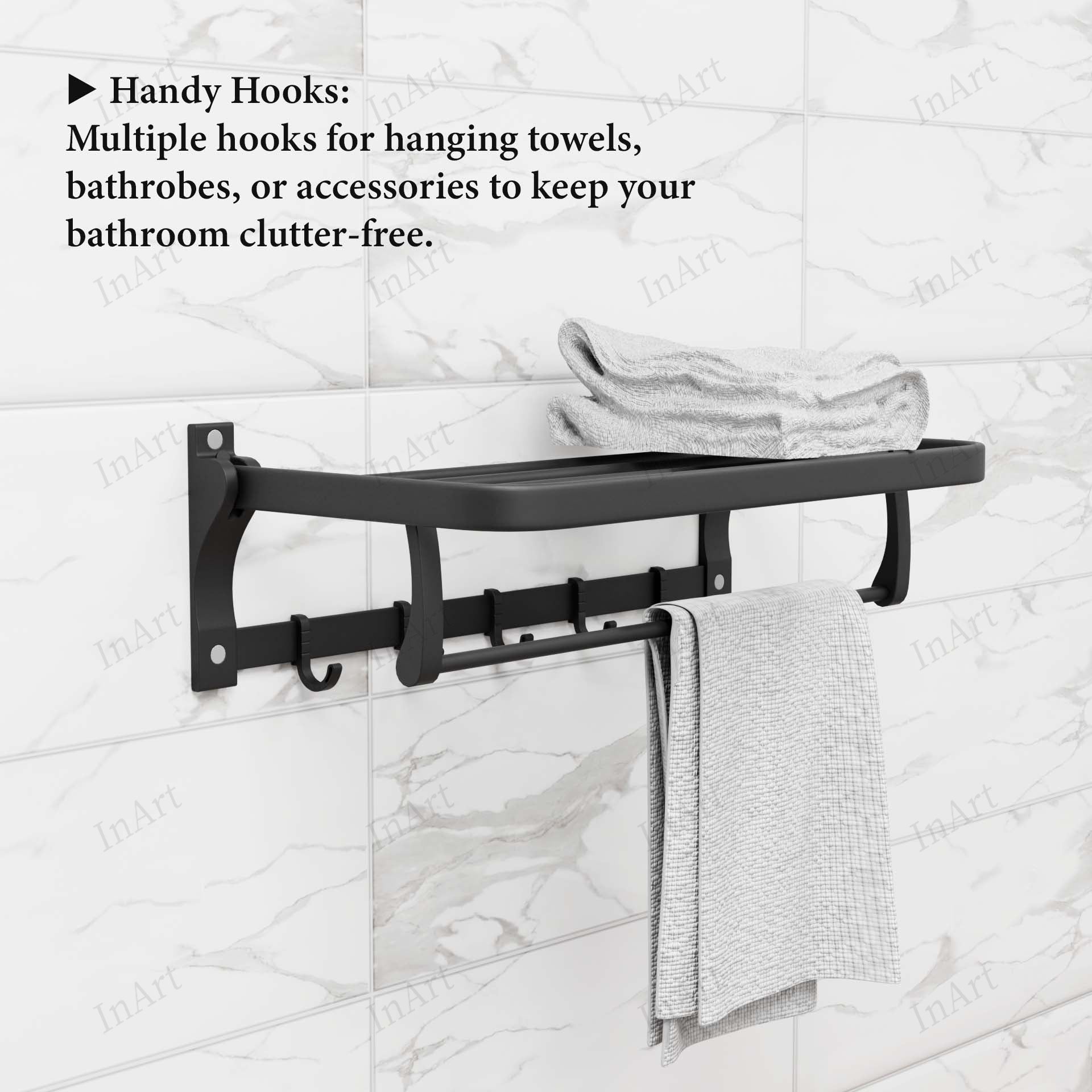 InArt grey 24-inch foldable wall-mounted towel rack - close-up of shelf and rod mounting detail