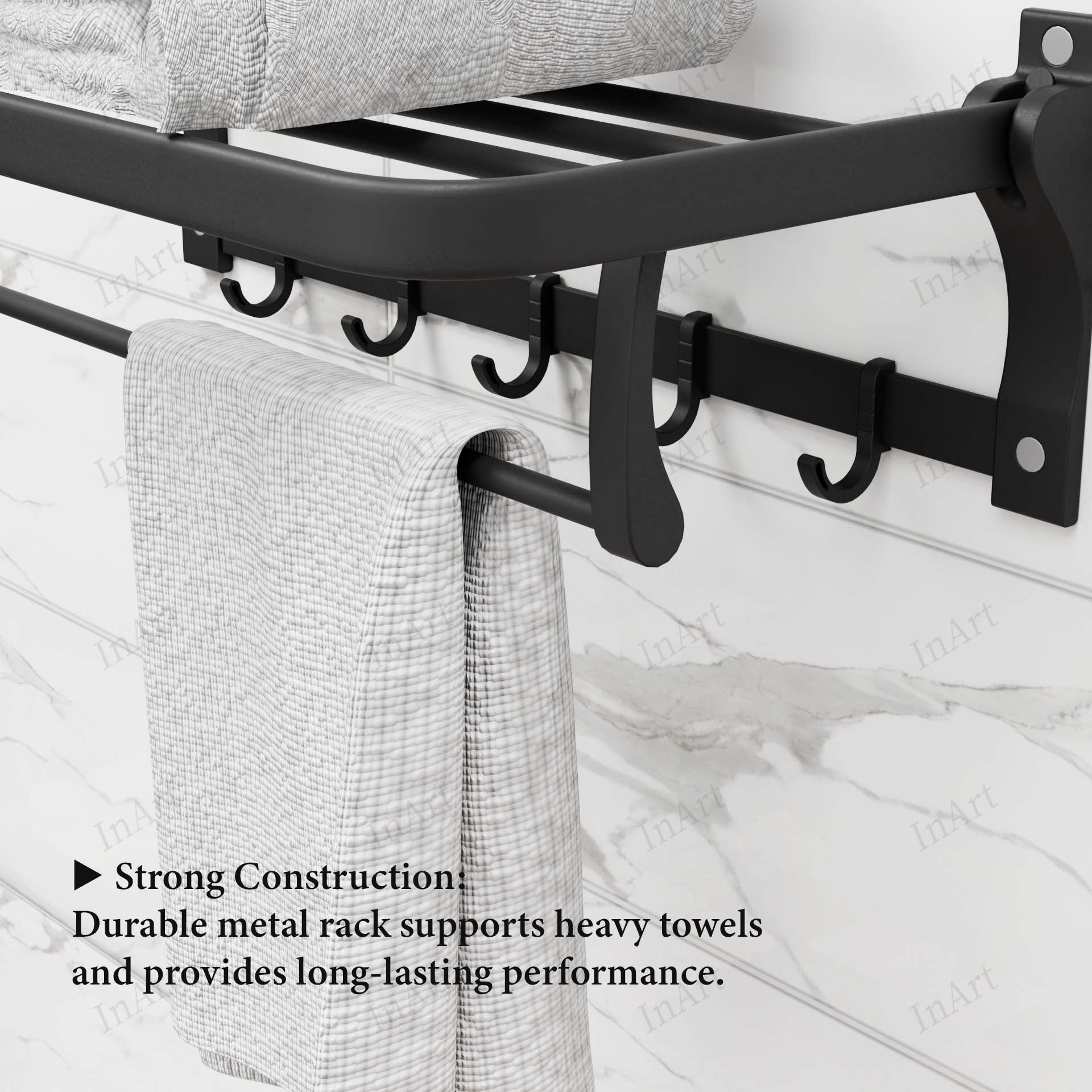 InArt grey 24-inch foldable wall-mounted towel rack with shelf in retail packaging with branding