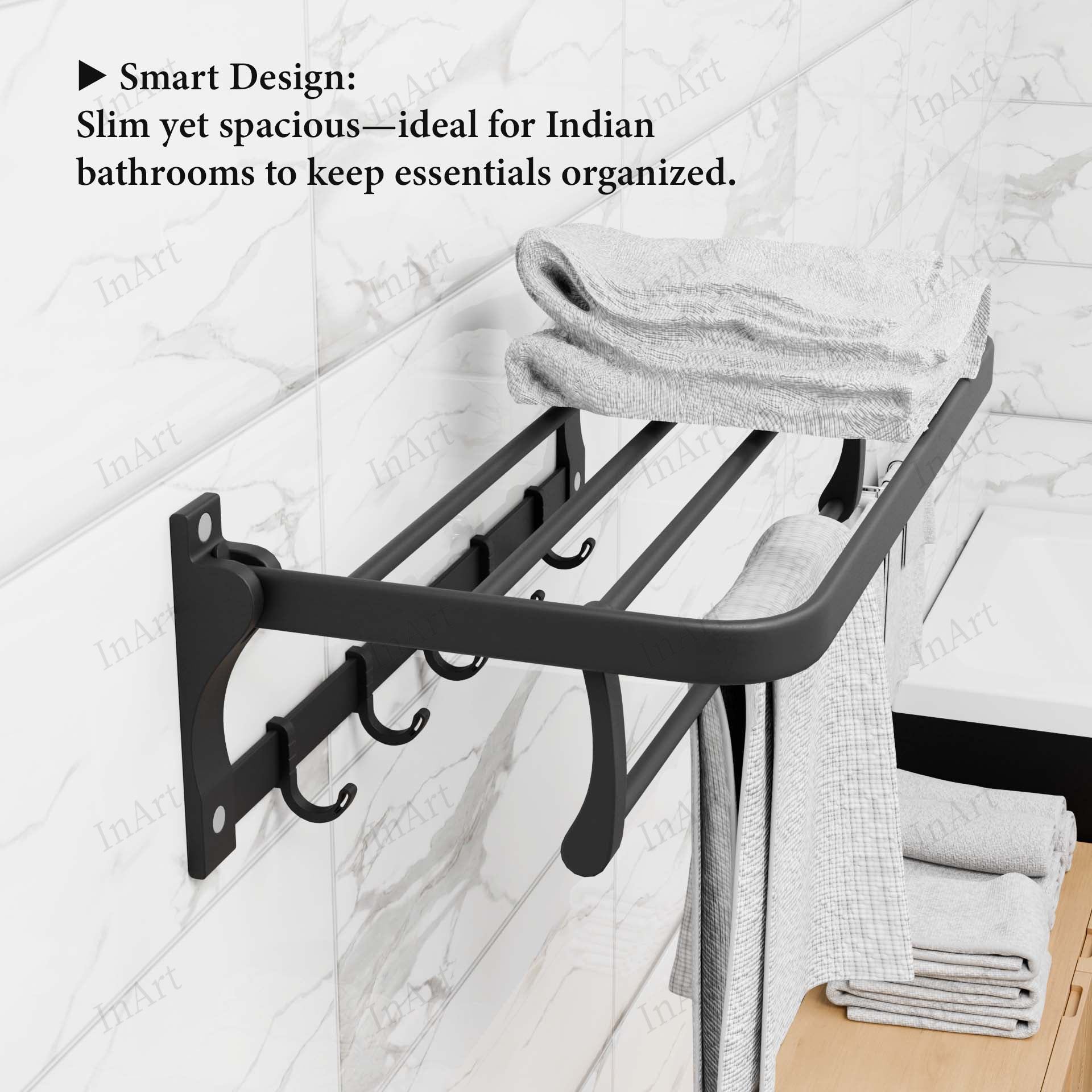 InArt grey 24-inch foldable wall-mounted towel rack - installation diagram showing dimensions and mounting specs