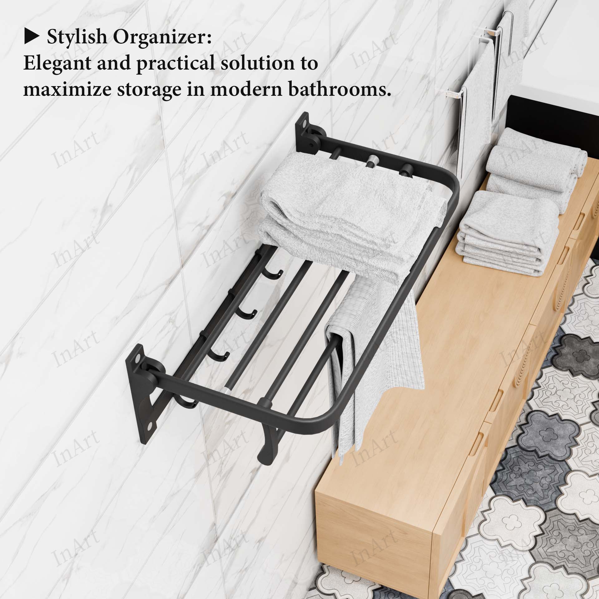 InArt grey 24-inch foldable wall-mounted towel rack - detailed component assembly and connection parts view