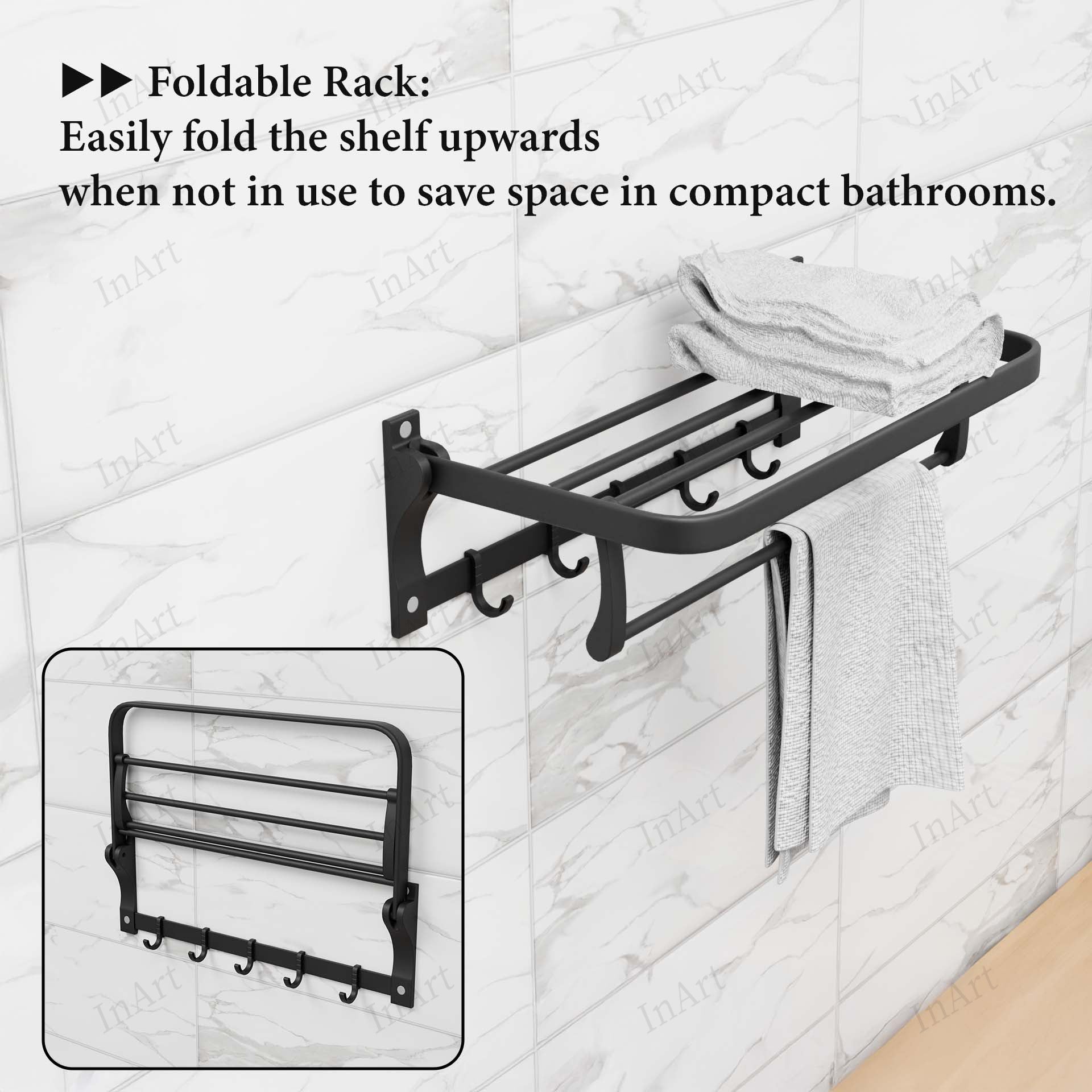 InArt grey 24-inch foldable wall-mounted towel rack - detailed component assembly and connection hardware view