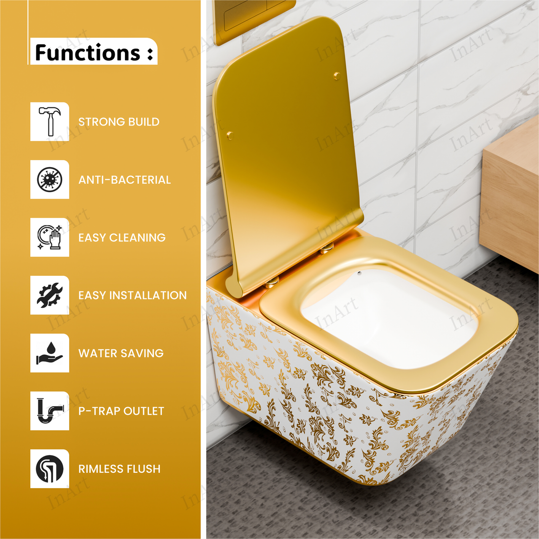 InArt Ceramic Rimless Wall Hung or Wall Mounted Water Closet Toilet with Soft Seat Cover Leaf Pattern White Gold Color DWH007