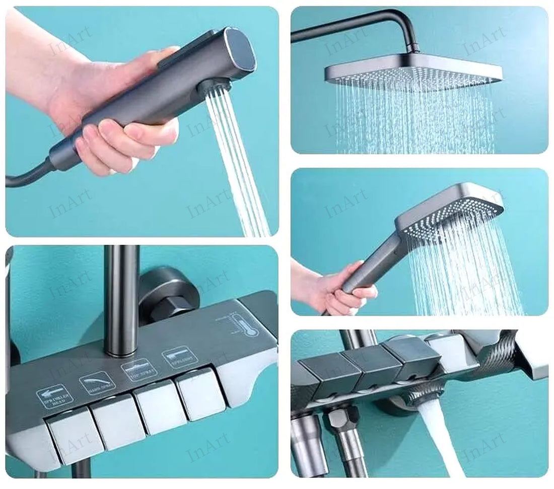 InArt Gun Grey Stainless Steel Shower Panel Set with Single Lever Mixer - Includes Rainfall & Waterfall Overhead, Handheld Shower, Health Faucet & Accessories - InArt-Studio