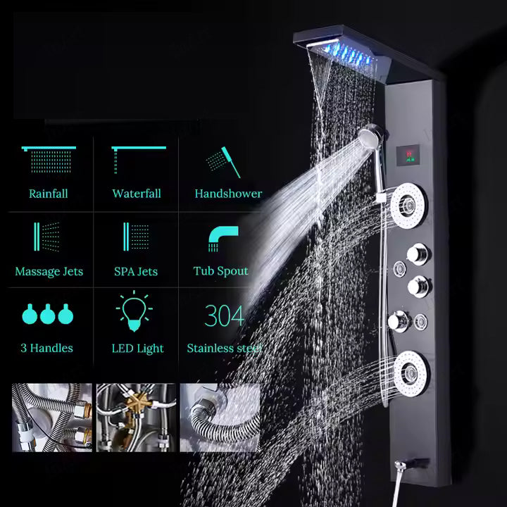 InArt 7-in-1 Stainless Steel Shower Panel – Glossy Black Finish