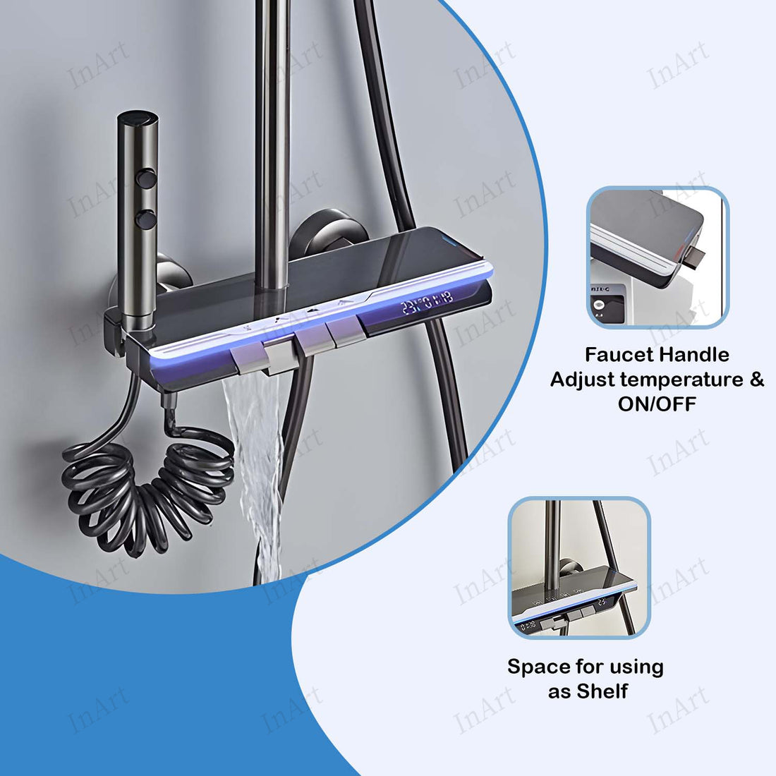 InArt Solid Brass Circular Shower Panel Set, 4 Functions, Digital Temperature Display, Thermostatic, Hand Shower, Overhead Shower, Spout, Health Faucet, Black SP033