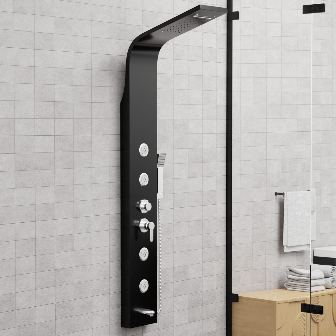 InArt black stainless steel shower panel with rainfall head and body nozzles - main product view