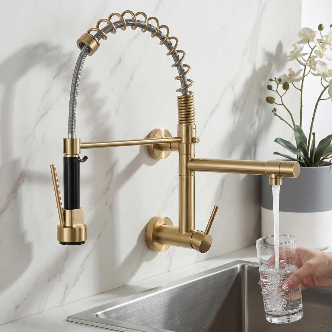 InArt brushed gold wall mounted kitchen sink tap with pull-down sprayer - main image