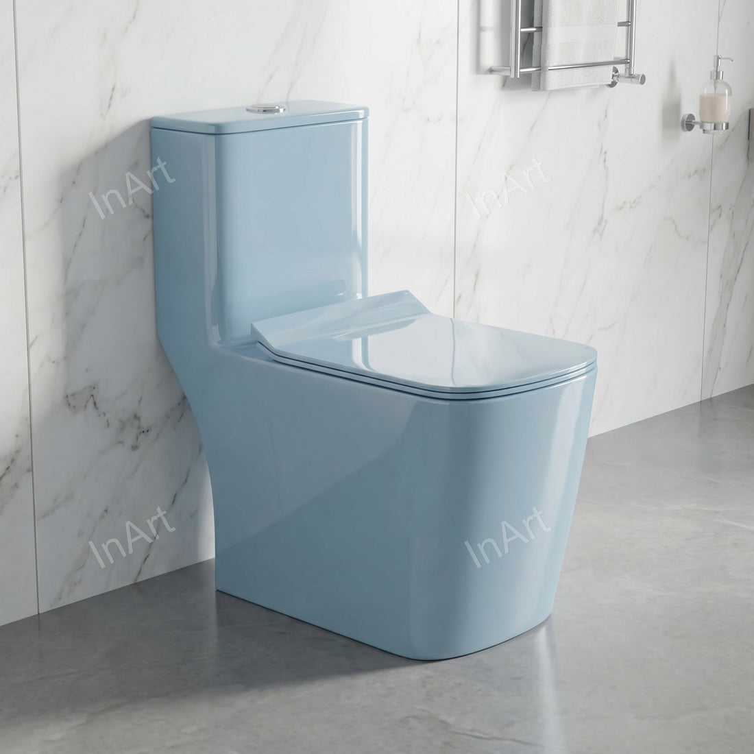 Light blue glossy one piece western toilet commode front view