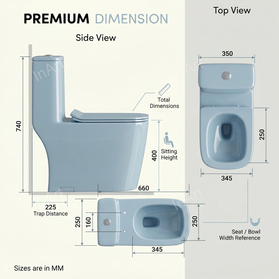 Light blue glossy one piece western toilet commode front view