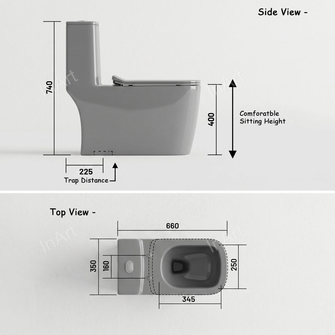 Grey glossy one piece ceramic western toilet commode front view