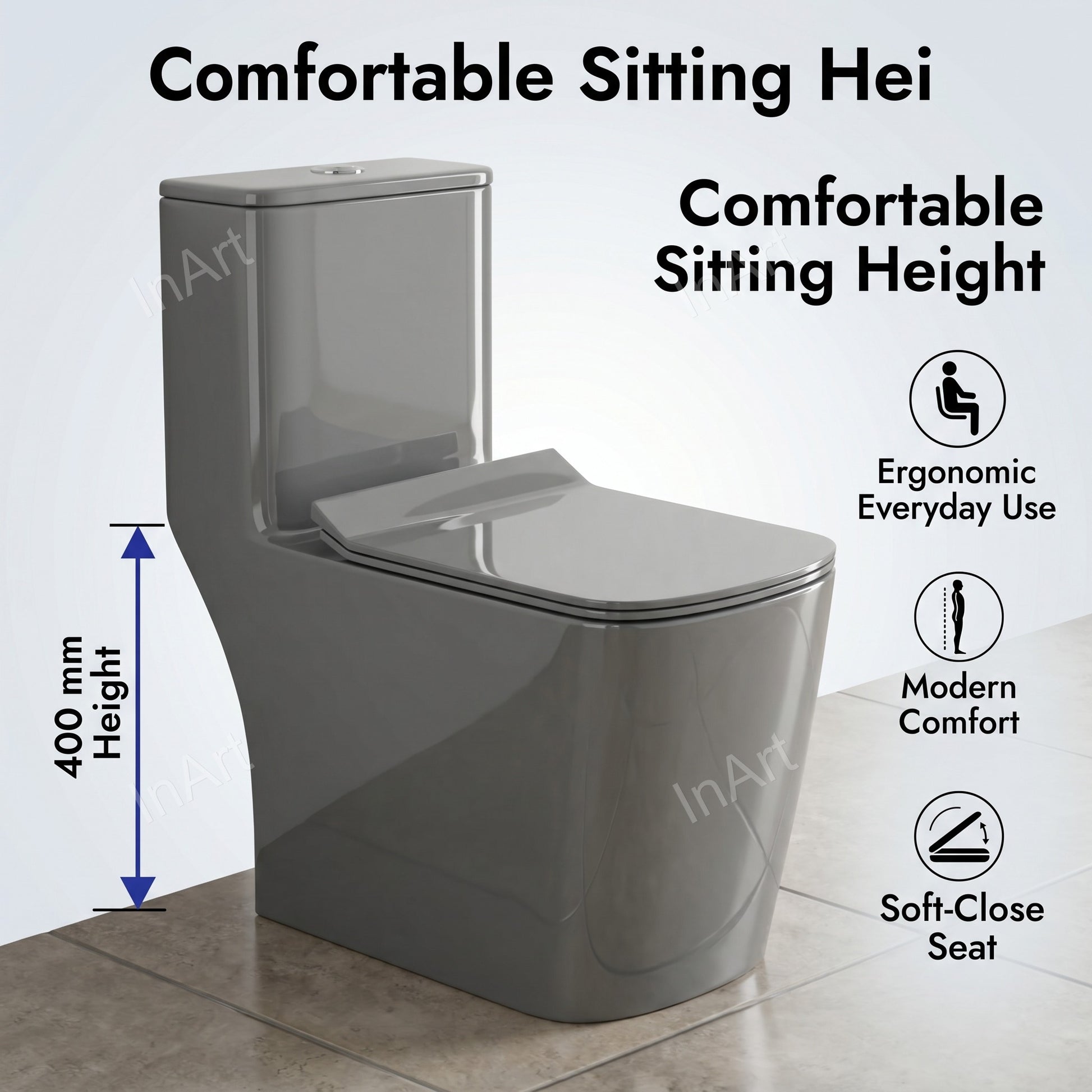 Rectangular ceramic one piece commode overall dimensions and shape view