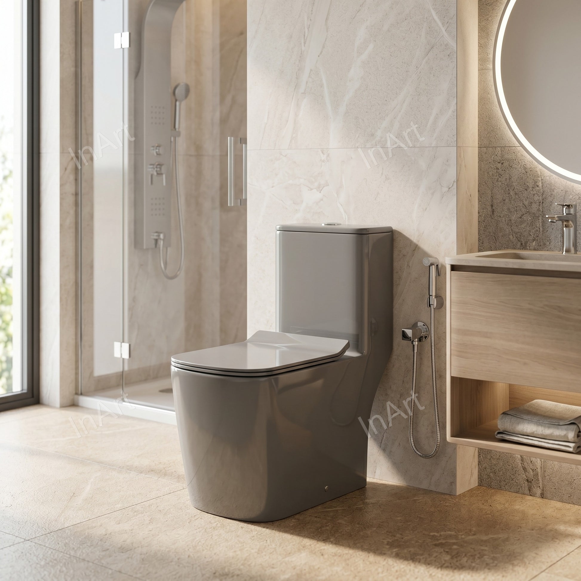 Box contents showing commode with seat and rubber gaskets for installation