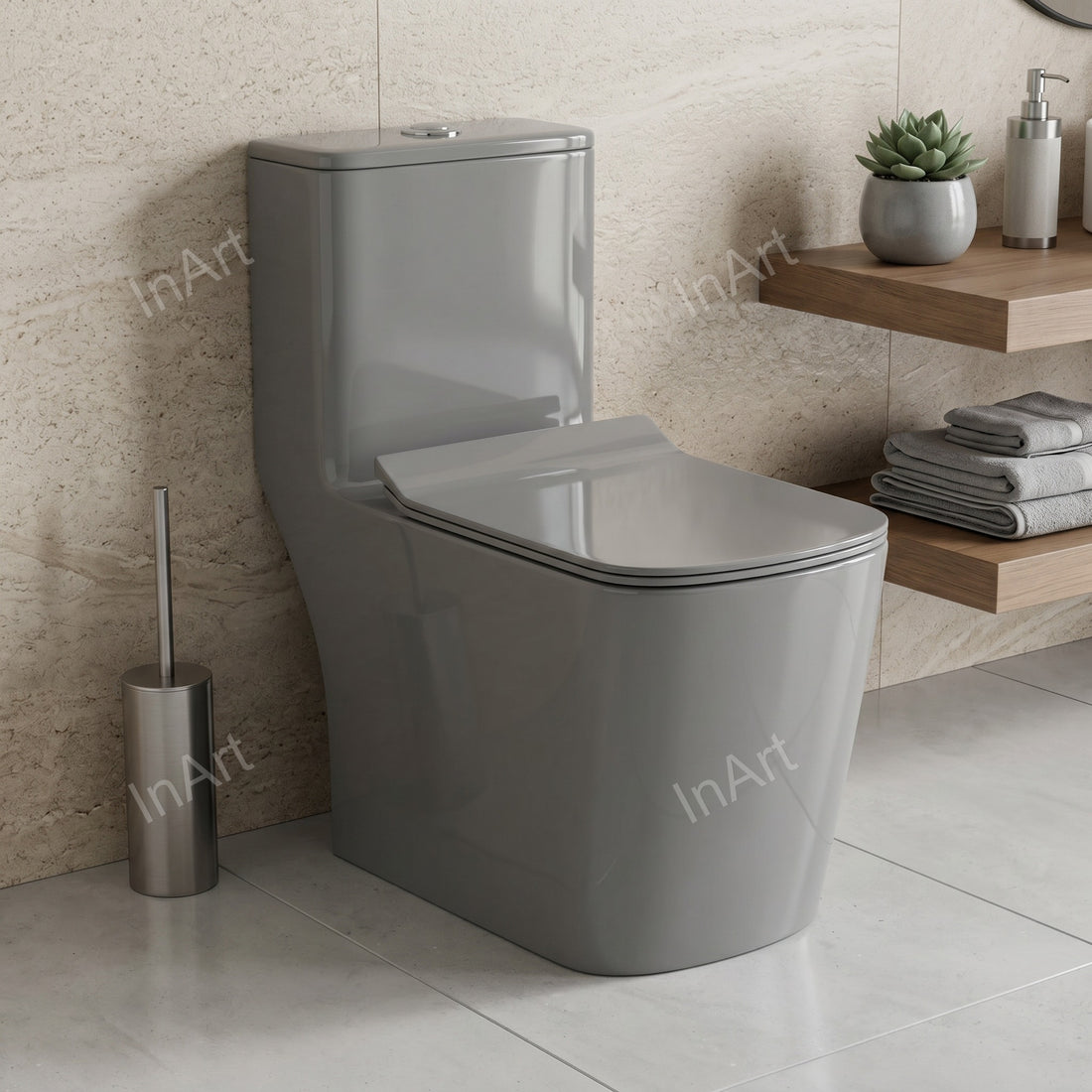 Grey glossy one piece western toilet commode with inbuilt cistern, front view