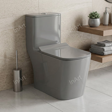 Grey glossy one piece western toilet commode with inbuilt cistern, front view