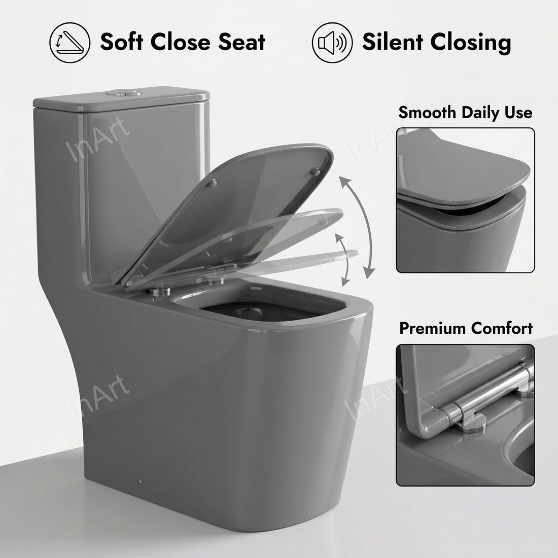 Grey glossy one piece western toilet commode with inbuilt cistern, front view