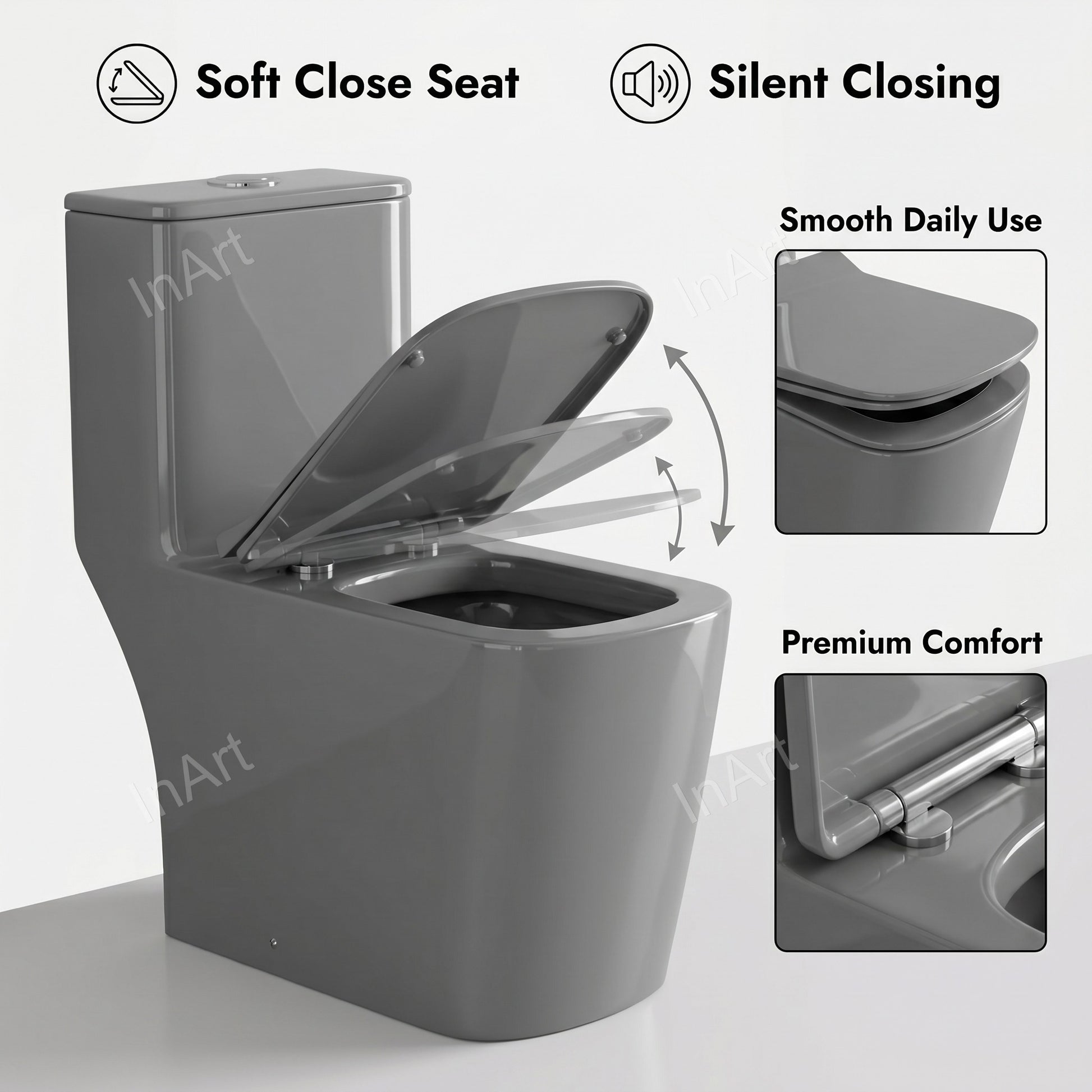 Ceramic floor mounted western toilet commode with soft close seat, side profile