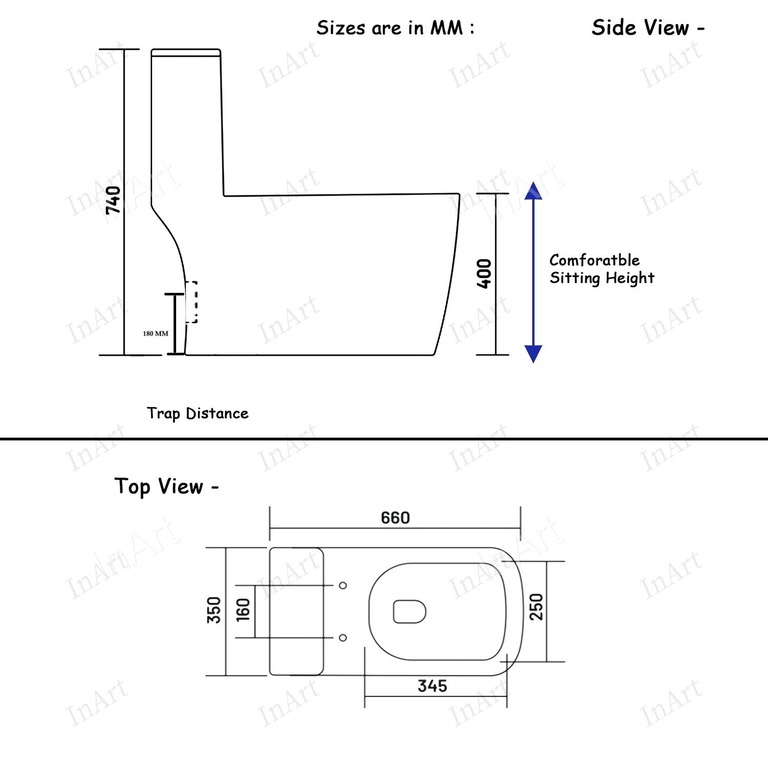 Box contents showing commode with seat and rubber gaskets for inlet and outlet