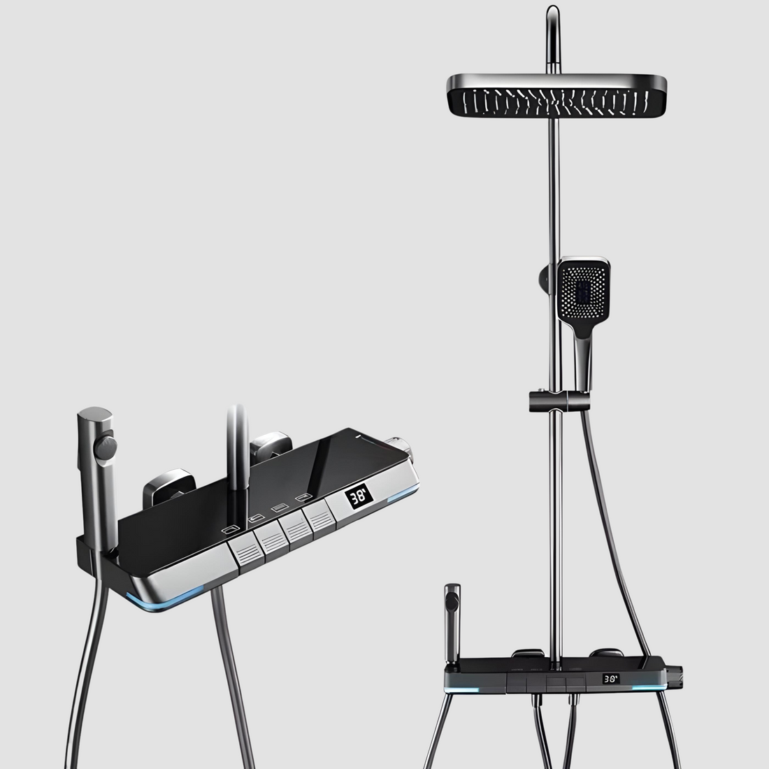 InArt black rainfall shower panel faucet set - full front view with overhead spray and hand shower controls