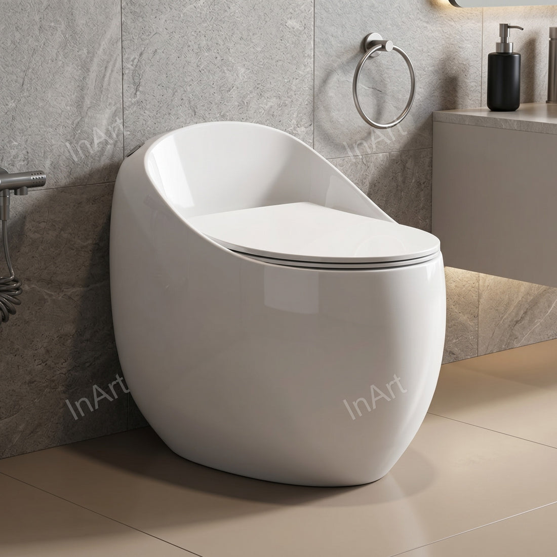 Glossy white one piece western commode with in-built tank and soft close seat