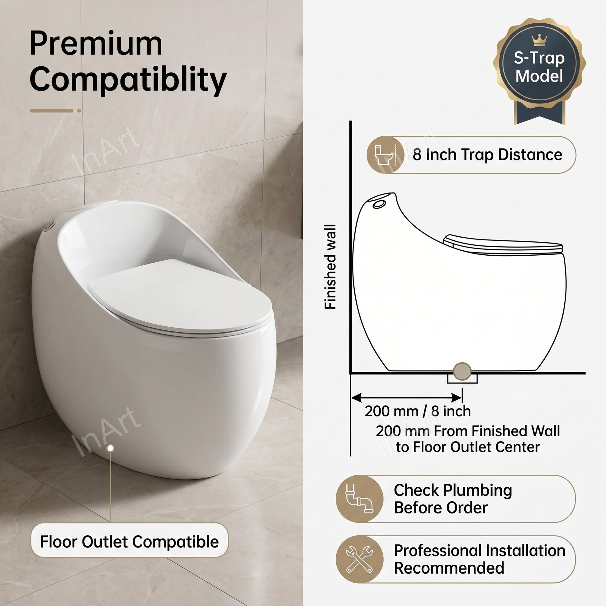8 inch S-trap outlet floor connection view for western commode installation