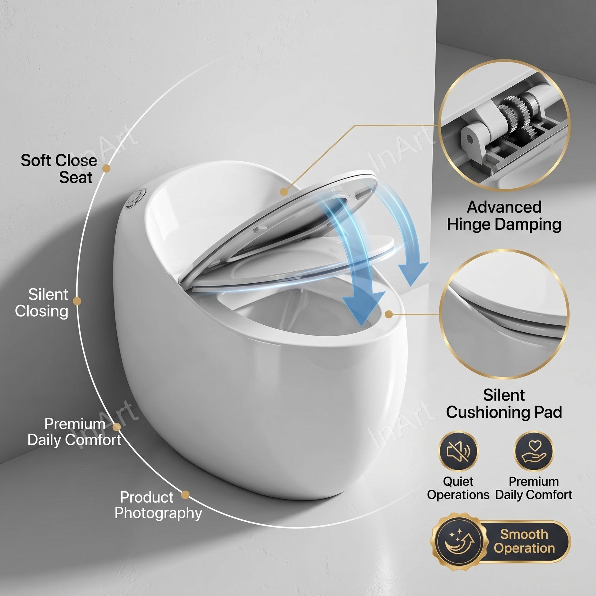 Soft closing toilet seat cover detail on white ceramic commode