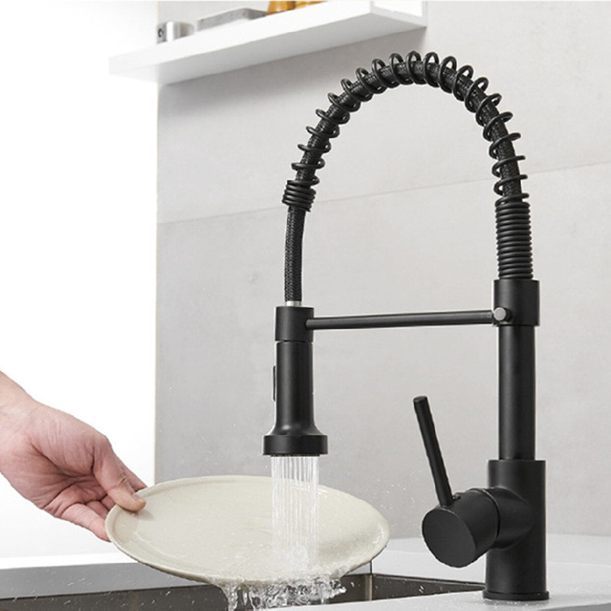 InArt Single Lever Kitchen Sink Mixer 360° Pull-Down Sprayer Kitchen Faucet with Multi-Function Spray Head, Black Matte KSF023 - InArt-Studio