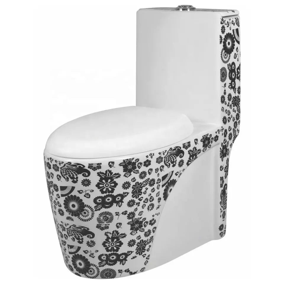 InArt Ceramic One Piece Western Toilet Commode - European Commode Water Closet With Soft Close Seat Cover P Trap White Black Printed - InArt-Studio