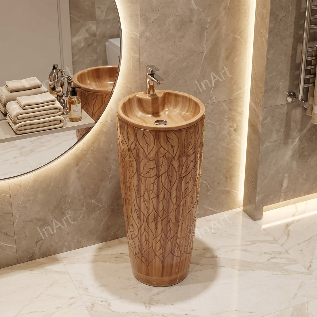 Round ceramic pedestal wash basin with wooden finish and matt surface, freestanding design
