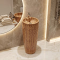 Round ceramic pedestal wash basin with wooden finish and matt surface, freestanding design