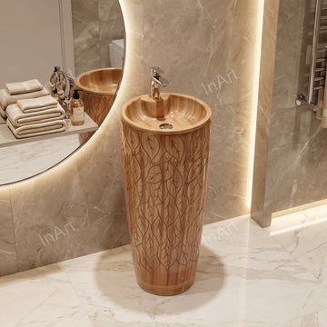 Round ceramic pedestal wash basin with wooden finish and matt surface, freestanding design