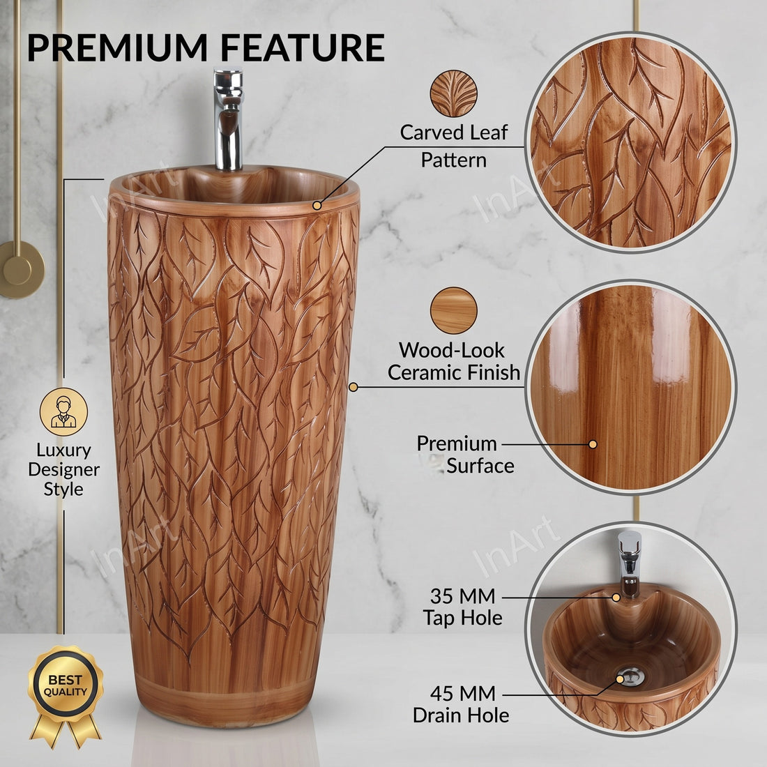 Round ceramic pedestal wash basin with wooden finish and matt surface, freestanding design